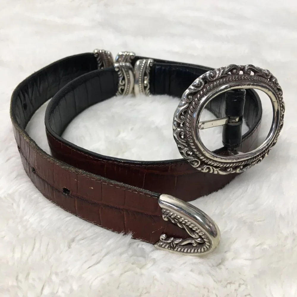 Brighton Womens Reversible Silver Black Brown Leather Belt size Medium